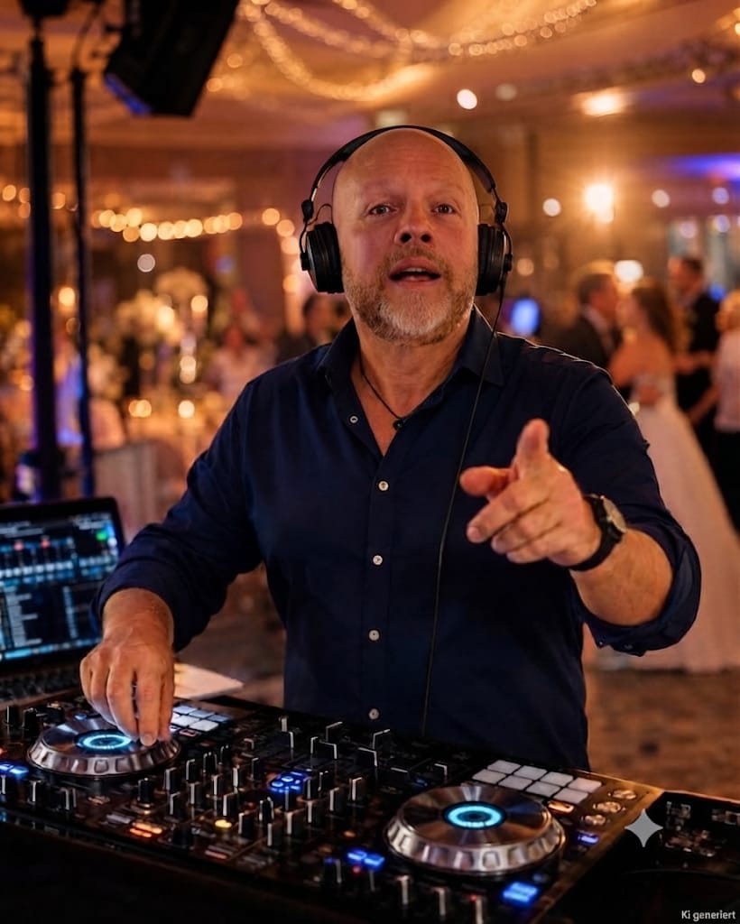 DJ Franz Braband, DJ Prince de Braband, an seinem DJ-Pult vor einem Einsatz in Kaiserslautern